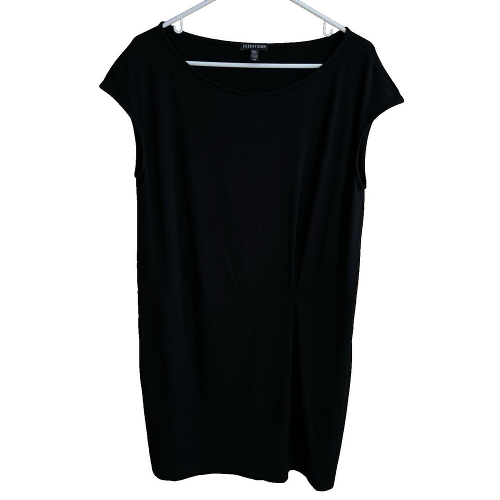 Eileen Fisher Dress Women's Large Black Cap Sleeve Pin Tuck Straight Hem Shift